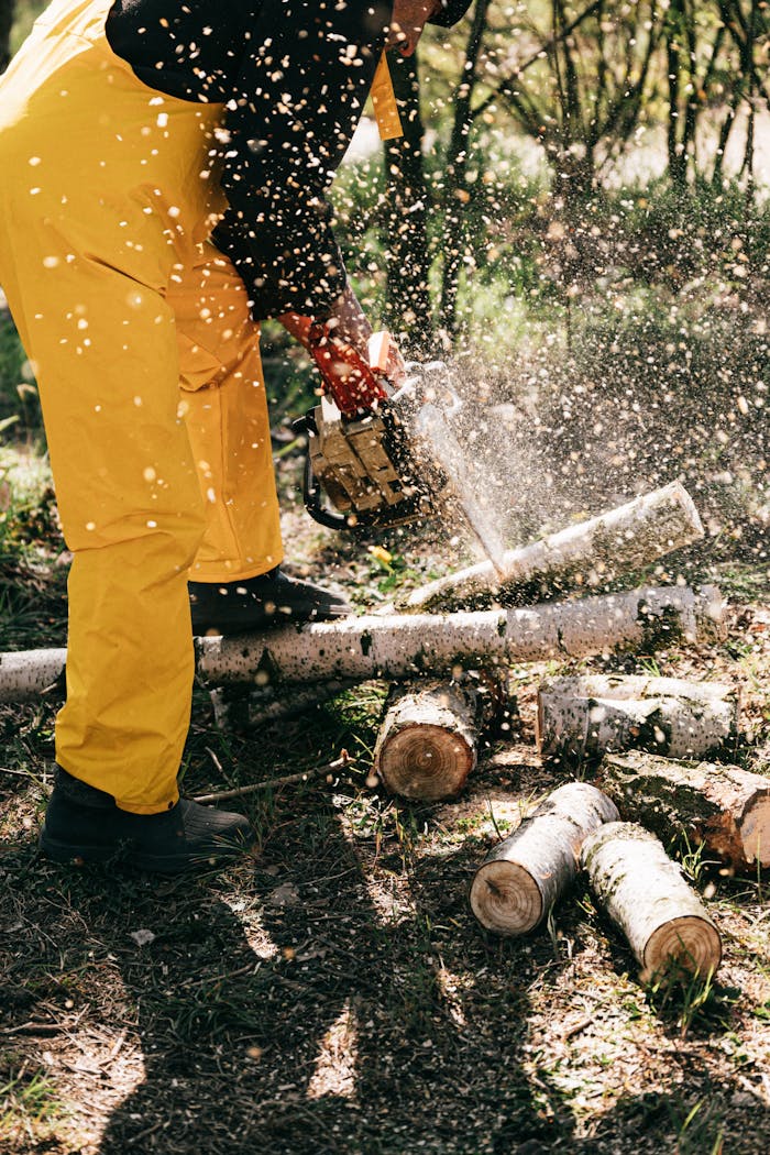 A lumberjack in yellow workwear uses a chainsaw to cut logs in a sunny forest setting.